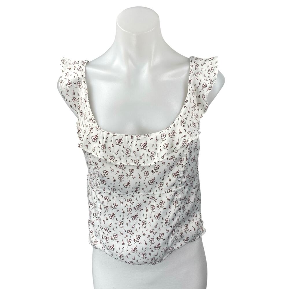 Free People White Floral Print Sleeveless Ruffle Cami Camisole Crop Tank Top M